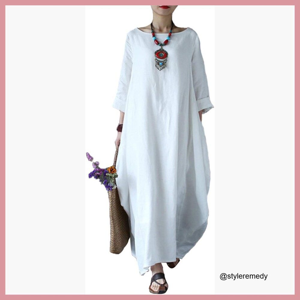 Cotton Maxi Dress with 3/4 Sleeves and Side Pockets